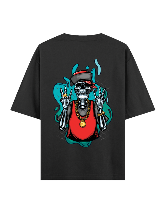Black t-shirt with a colorful skeleton graphic on the back against a white background
