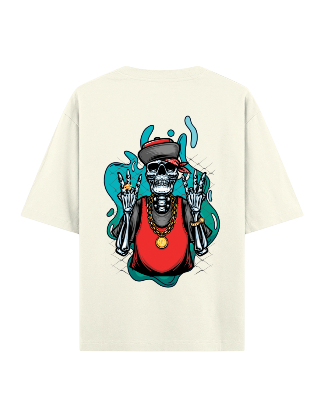 T-shirt with a colorful graphic of a hip hop skeleton wearing a red tank and hat 