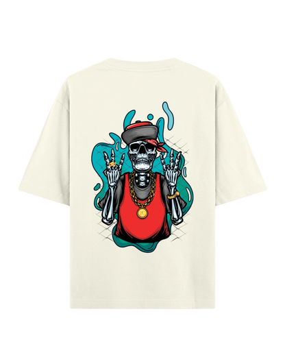 T-shirt with a colorful graphic of a hip hop skeleton wearing a red tank and hat 