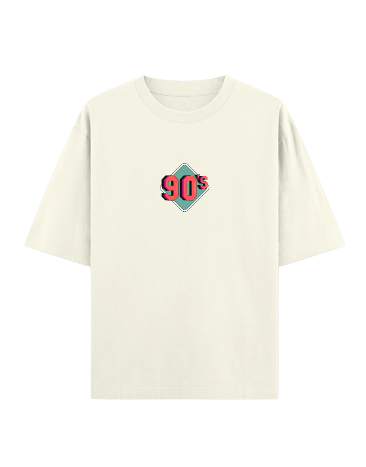 White t-shirt with a '90s' logo