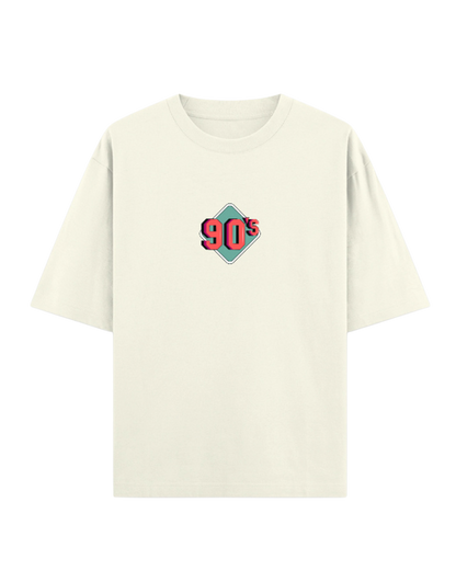 White t-shirt with a '90s' logo