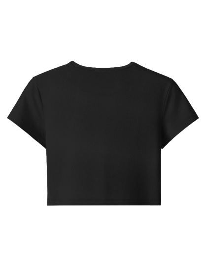 Black fitted crop top on a transparent background