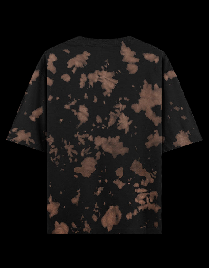 back of a Black and brown tie-dye t-shirt with a Blaze Couture embroidered logo on the front a black background
