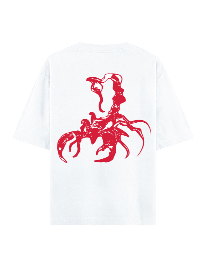 A white short-sleeve t-shirt shown from the back, featuring a large, bold red graphic print of a stylized scorpion on the center back.