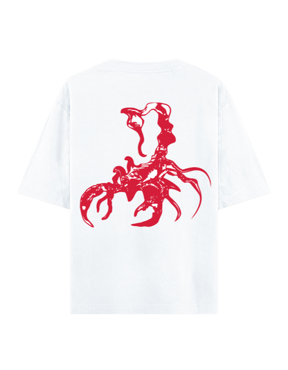 A white short-sleeve t-shirt shown from the back, featuring a large, bold red graphic print of a stylized scorpion on the center back.