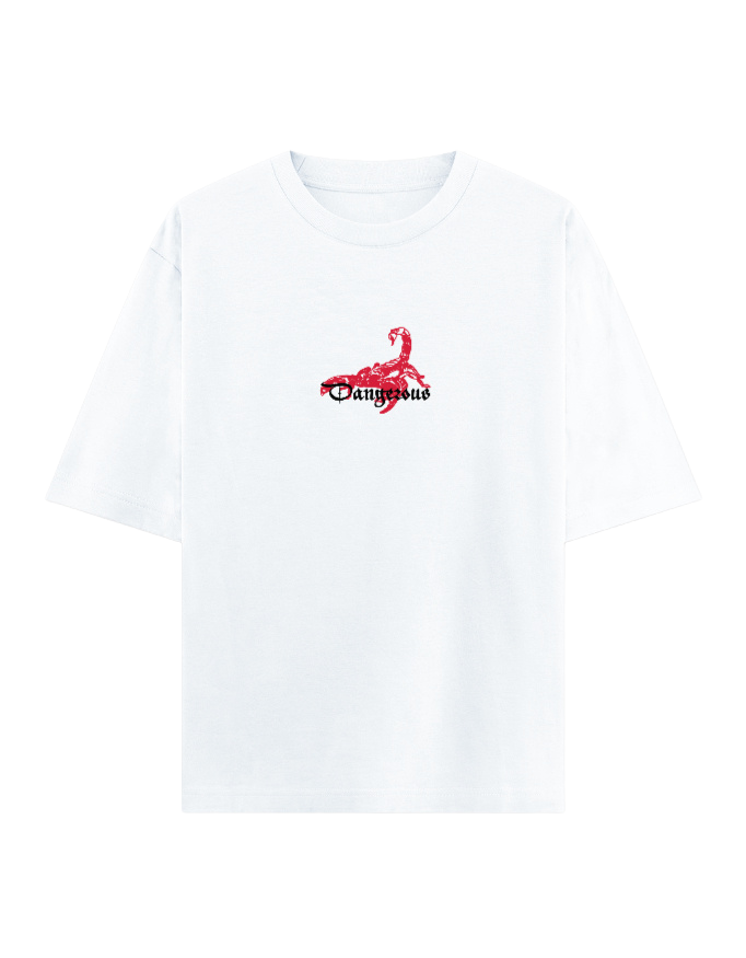 A white short-sleeve crewneck t-shirt featuring a red scorpion graphic and the word 'DANGEROUS' printed on the center chest