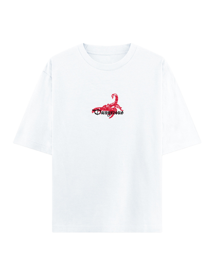 A white short-sleeve crewneck t-shirt featuring a red scorpion graphic and the word 'DANGEROUS' printed on the center chest