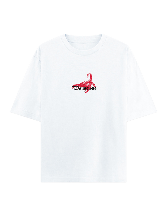 A white short-sleeve crewneck t-shirt featuring a red scorpion graphic and the word 'DANGEROUS' printed on the center chest
