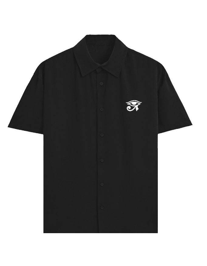 Black shirt with a graphic design on the chest