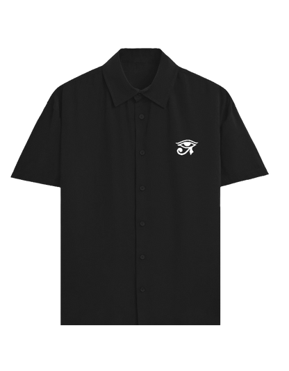 Black shirt with a graphic design on the chest