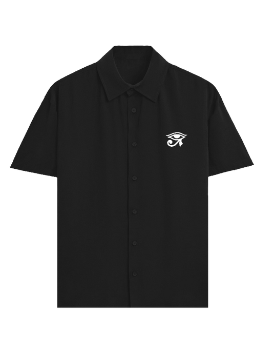 Black shirt with a graphic design on the chest