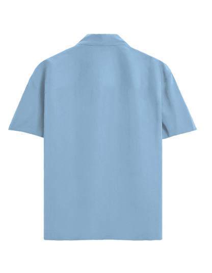 A light blue short-sleeve button-up shirt shown from the back