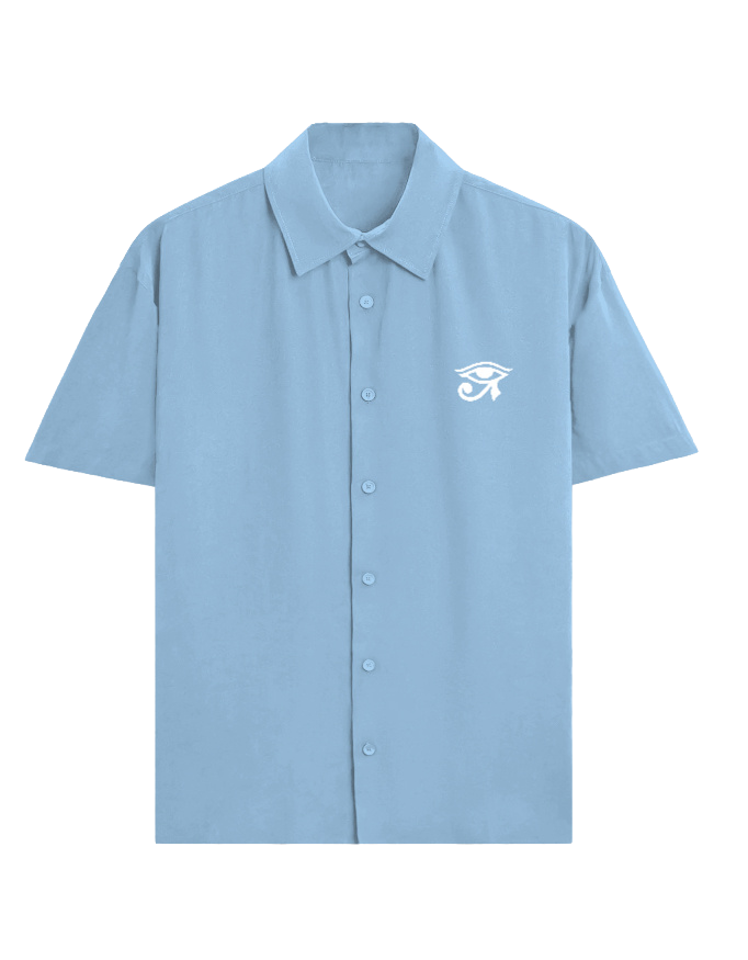 A light blue short-sleeve button-up shirt with a white graphic logo on the left chest