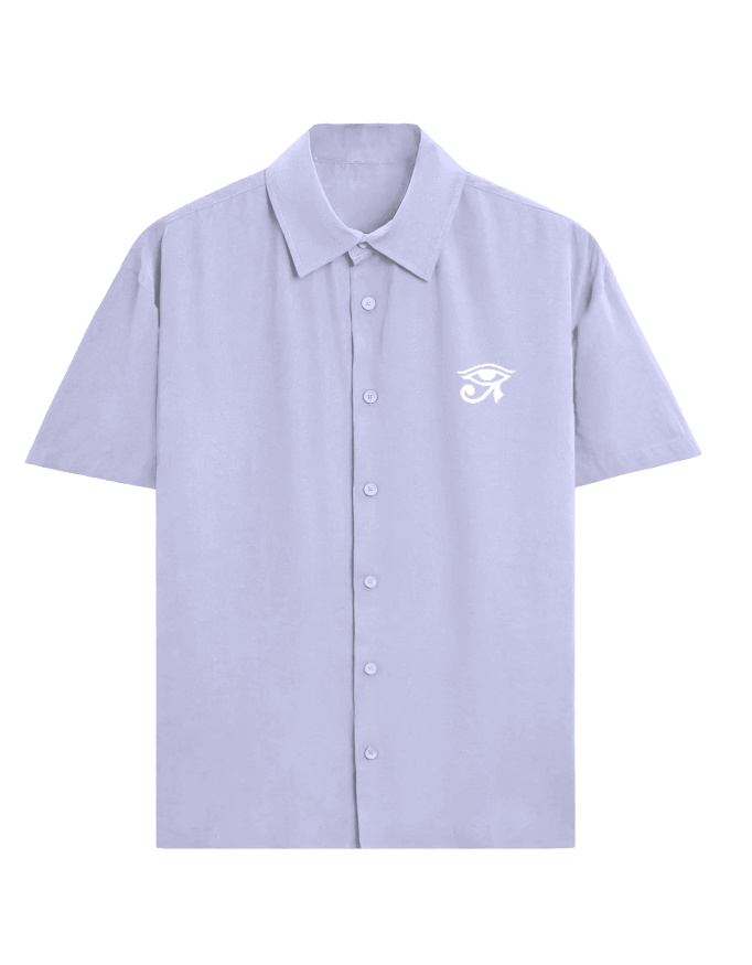 A light lavender short-sleeve button-up shirt with a white graphic logo on the left chest