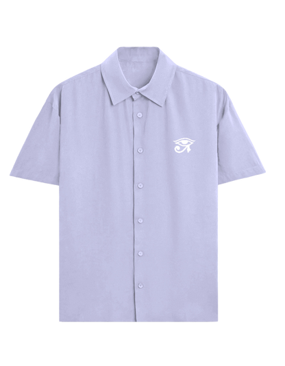 A light lavender short-sleeve button-up shirt with a white graphic logo on the left chest