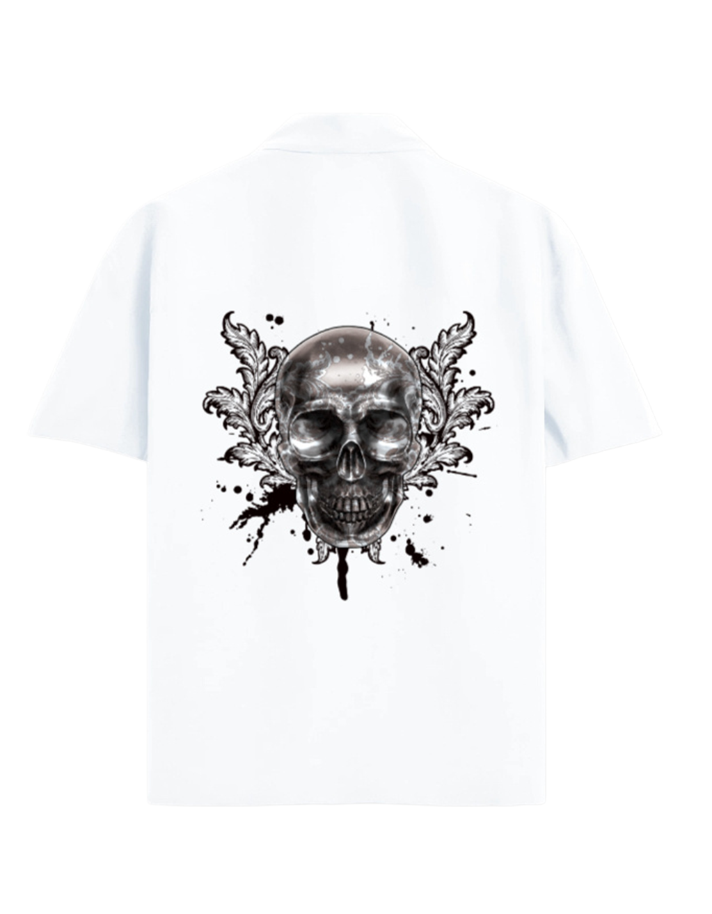 White oversized shirt with a black and grey skull design on a white background