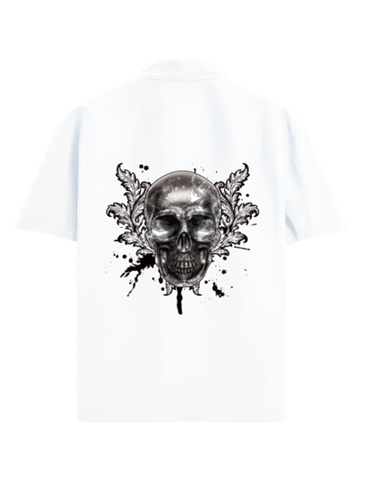 White oversized shirt with a black and grey skull design on a white background