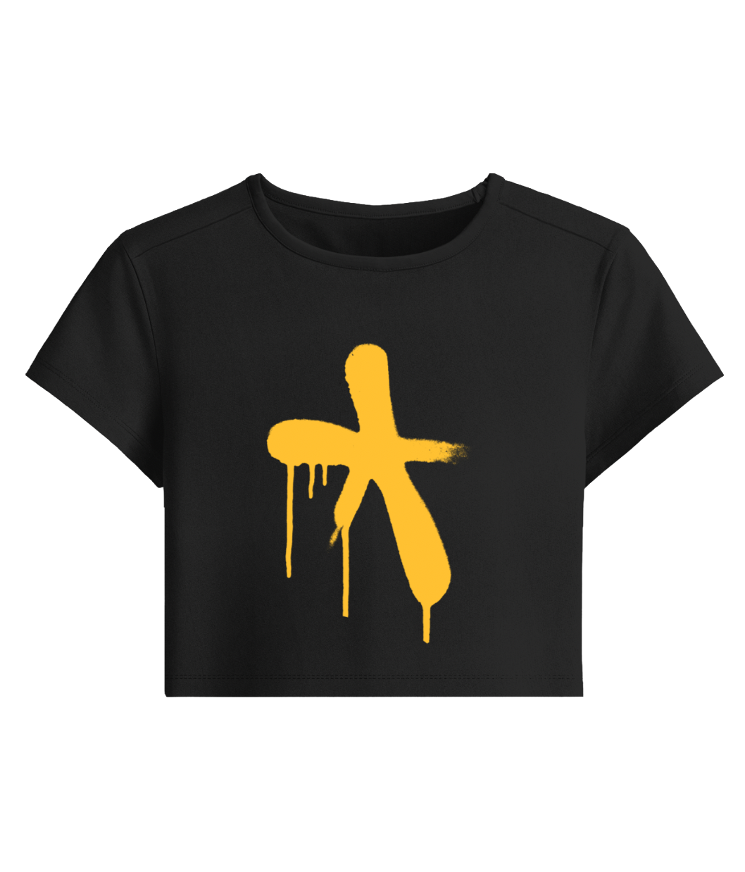 Black crop top with a yellow abstract spray painted design 