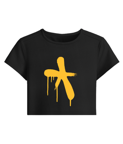 Black crop top with a yellow abstract spray painted design 