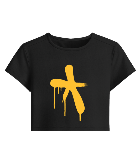 Black crop top with a yellow abstract spray painted design 