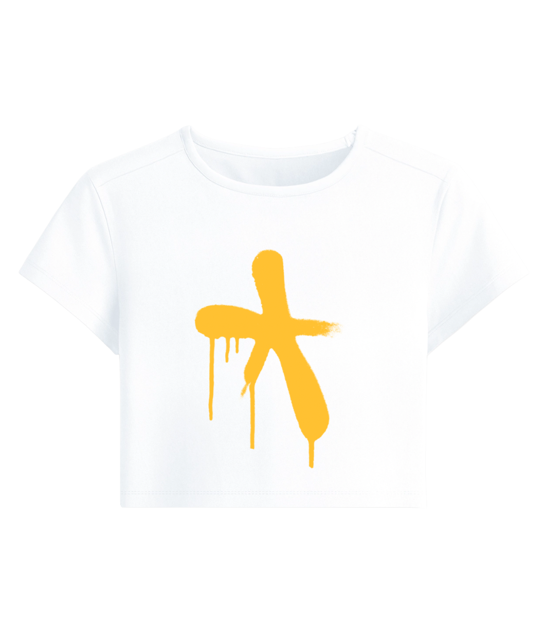 White crop top with a yellow abstract spray paint design 