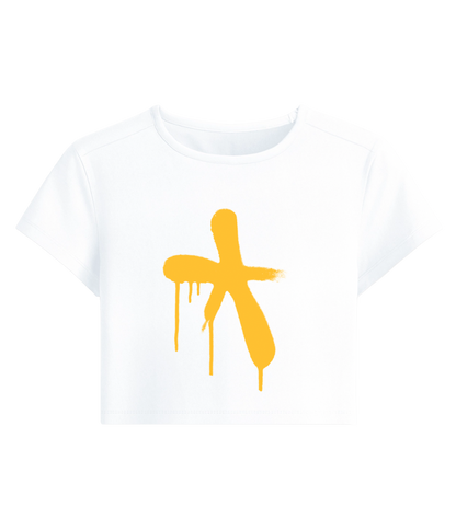 White crop top with a yellow abstract spray paint design 