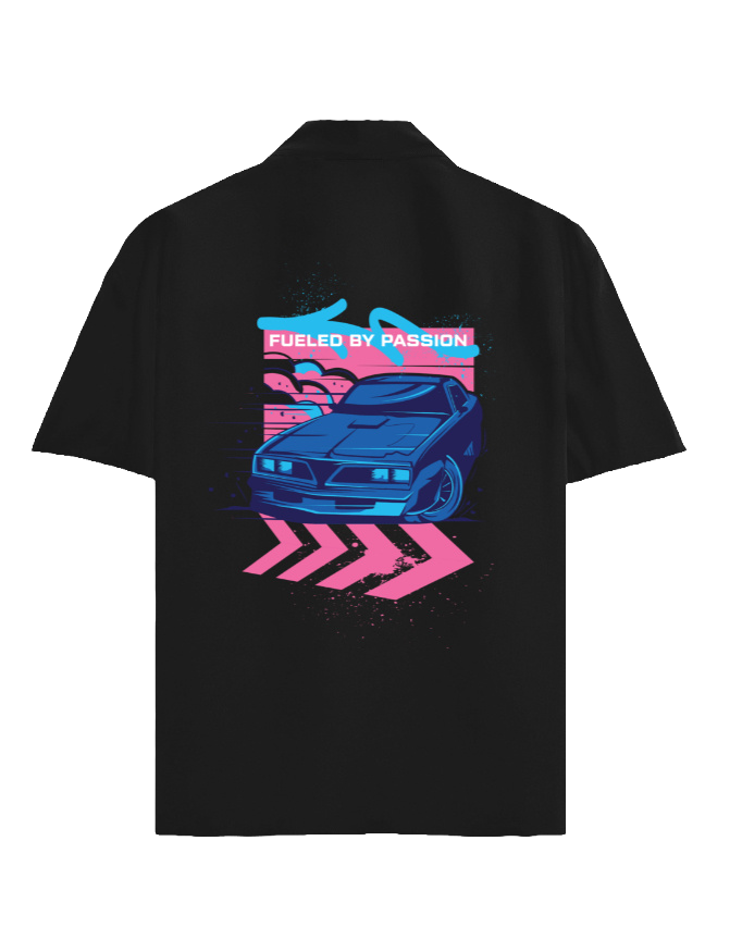 A black short-sleeve button-up shirt shown from the back, featuring a large graphic print of a blue sports car with pink and blue neon-style text and arrow shapes.
