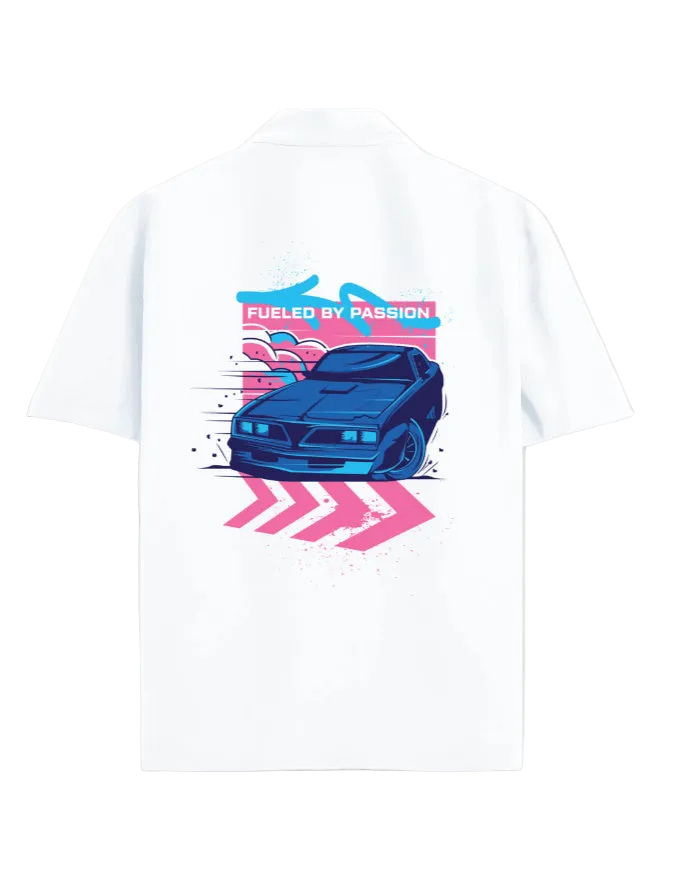 A white short-sleeve button-up shirt shown from the back, featuring a colorful graphic print of a blue sports car with pink and blue graphic elements and the text 'FUELED BY PASSION'.