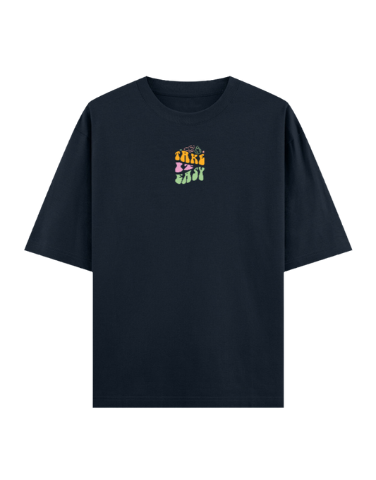 A dark navy blue short-sleeve t-shirt with a small colourful graphic