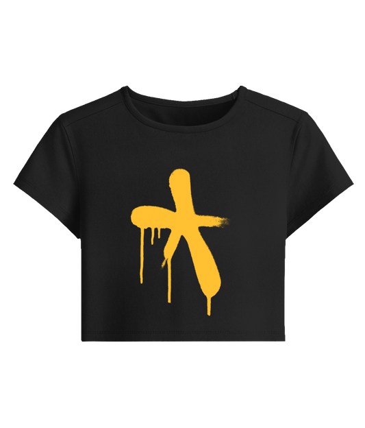 Black t-shirt with a yellow abstract design on a white background