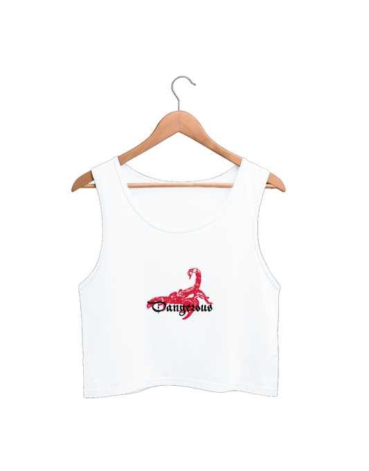 White sleeveless tank top with red and black design scorpion design