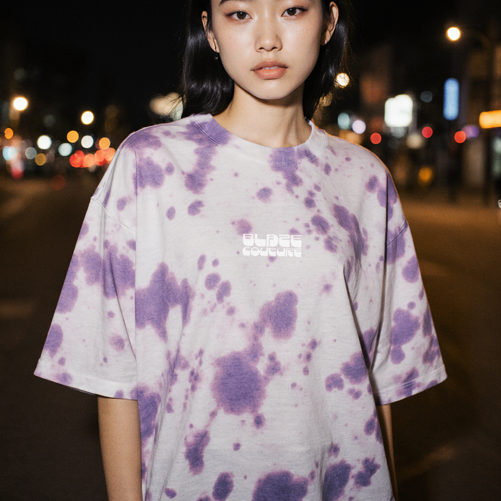 Person wearing a lavender tie-dye t-shirt with a blurred street background