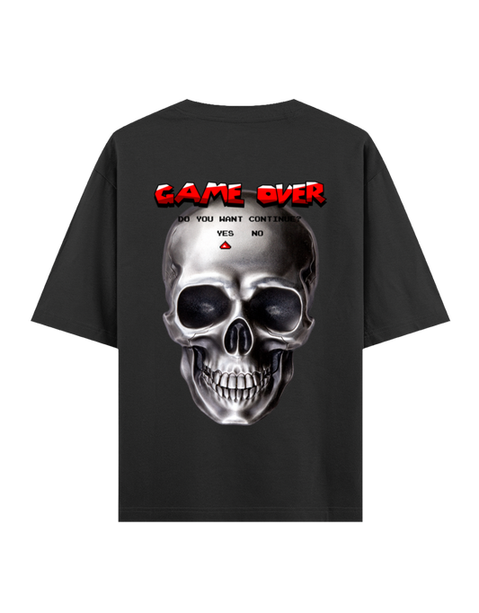 Black t-shirt with a skull design and 'Game Over' text on the back