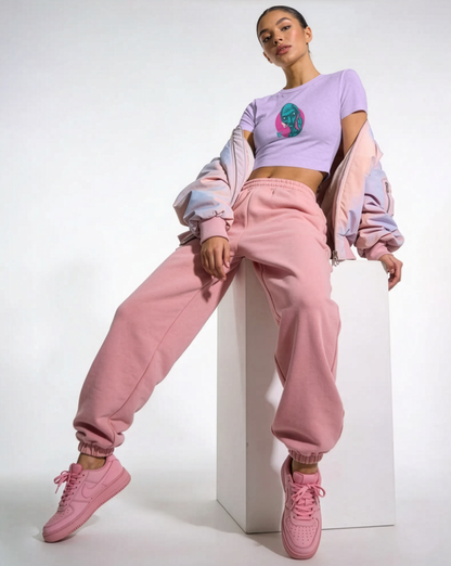 Person wearing a light purple crop top with a colorful design, pink sweatpants, and matching pink sneakers on a white background.