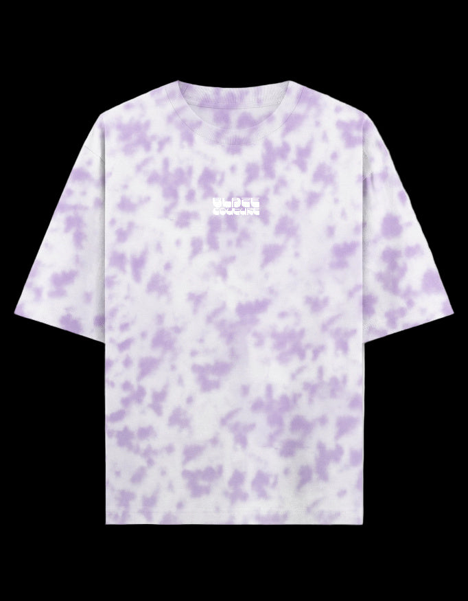 lavender and white tie-dye t-shirt with a Blaze Couture embroidered logo on a black background