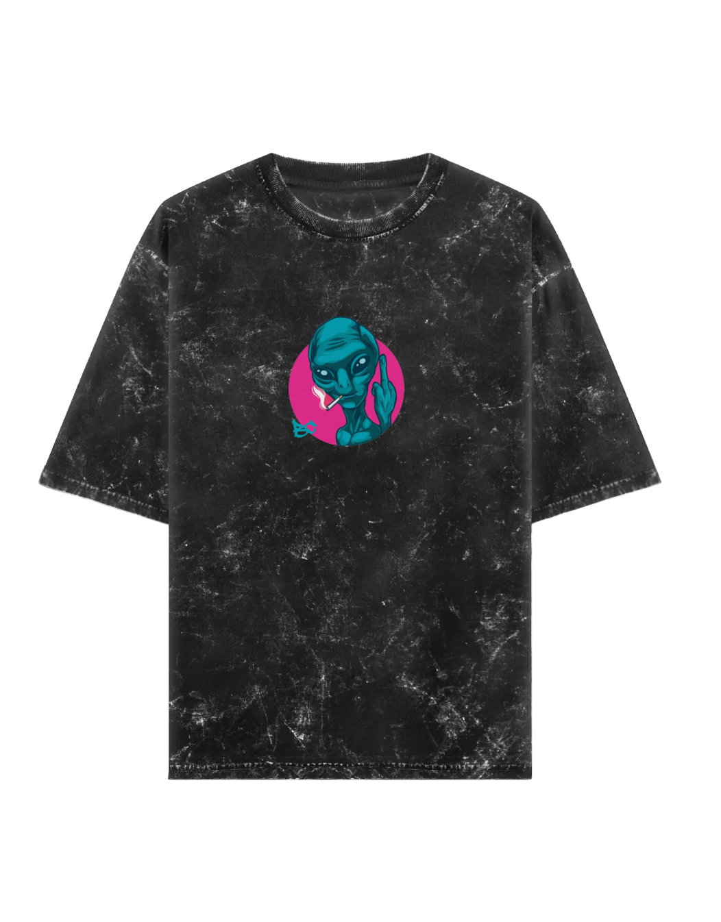 Black t-shirt with a graphic design of an alien face in a pink circle on an acid wash tee