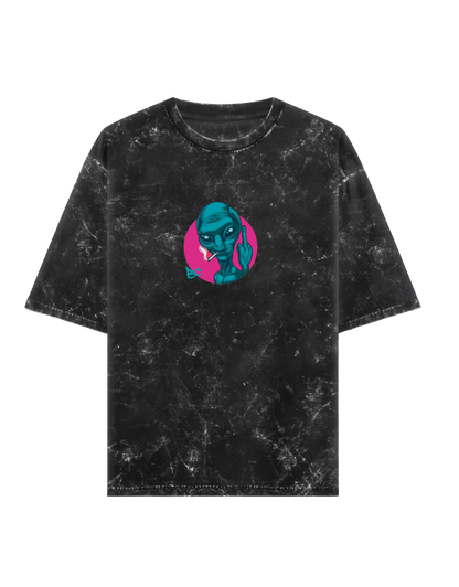 Black t-shirt with a graphic design of an alien face in a pink circle on an acid wash tee