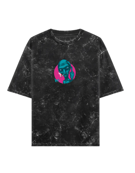 Black t-shirt with a graphic design of an alien face in a pink circle on an acid wash tee
