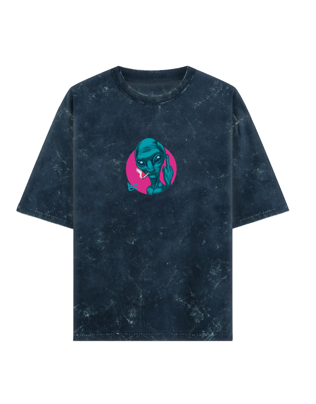 Blue t-shirt with a graphic design of an alien face in a pink circle on an acid washed blue tee