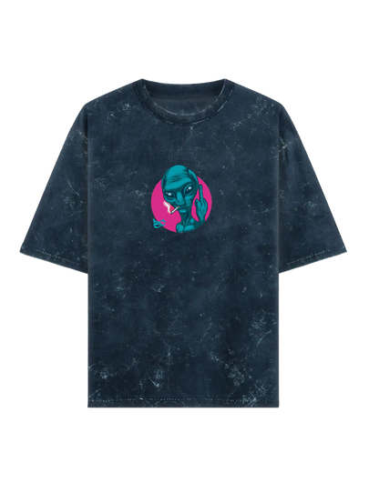 Blue t-shirt with a graphic design of an alien face in a pink circle on an acid washed blue tee