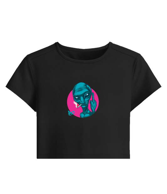 Black t-shirt with alien graphic on a white background