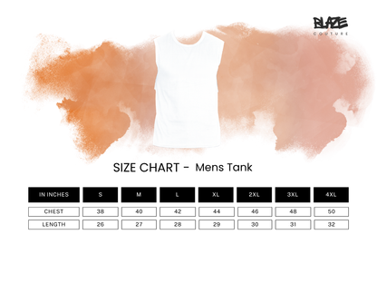 Size chart for men's tank top from Blaze Couture