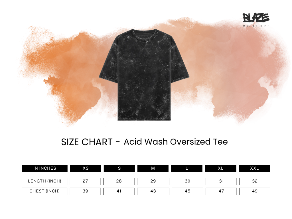 Acid wash oversized tee size chart with brand logo on a textured background