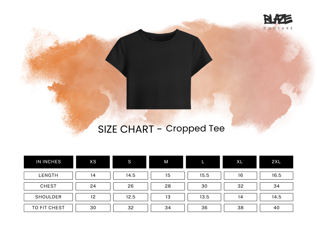 Black cropped tee with size chart on a watercolor background