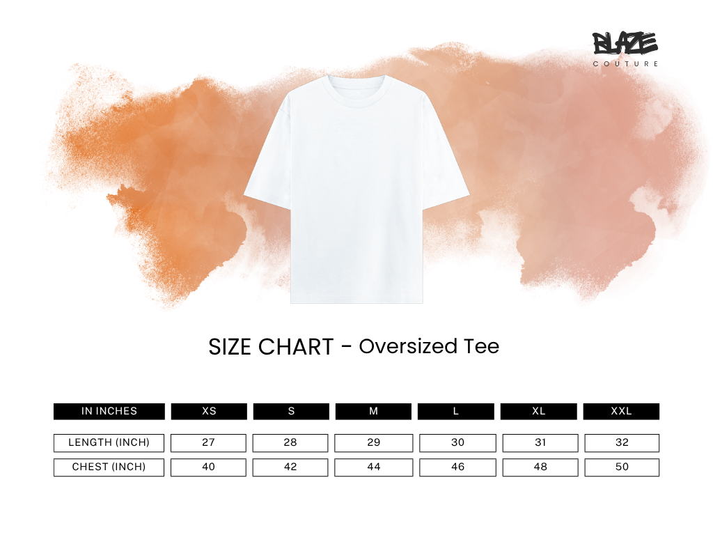 Size chart for oversized tees with a white t-shirt on an abstract orange and white background.