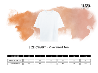 Size chart for oversized tees with a white t-shirt on an abstract orange and white background.